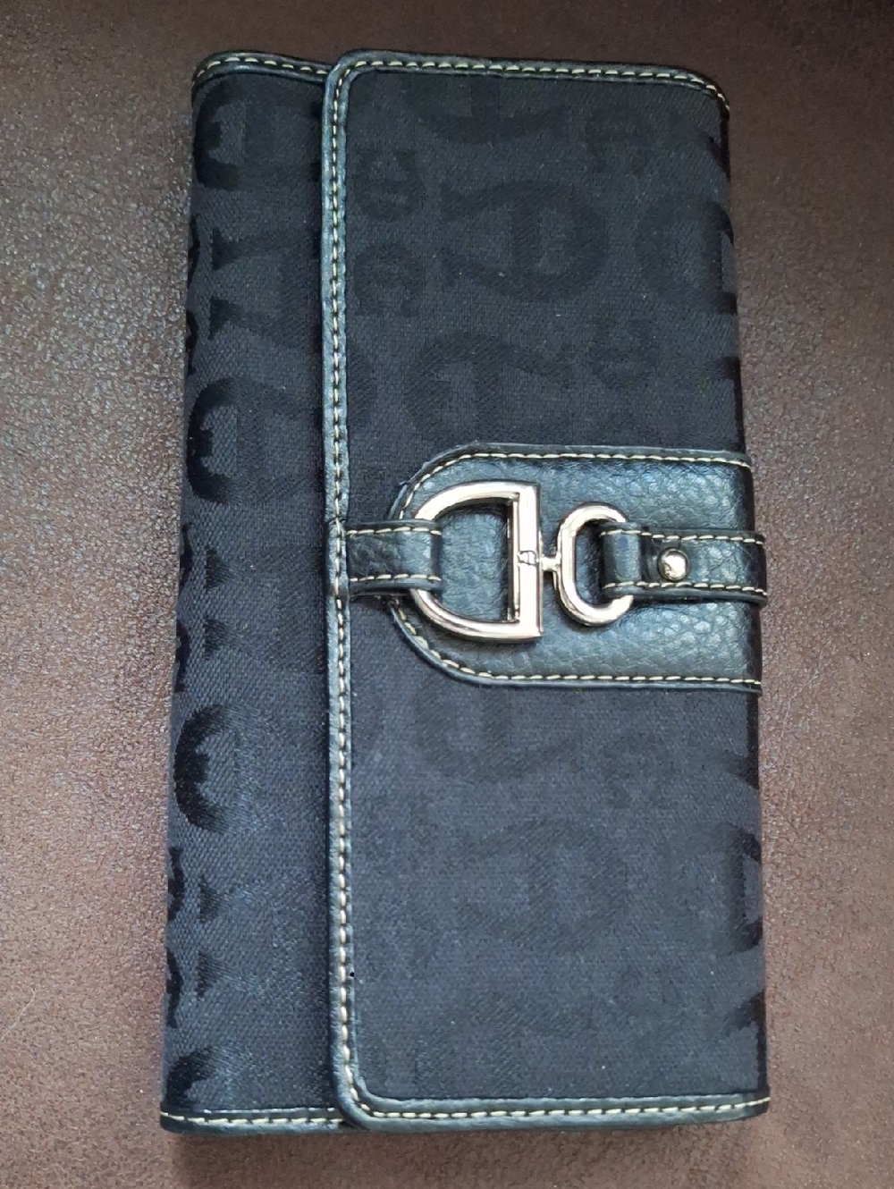 Etienne Aigner Monogram Black Canvas Wallet with Gold Buckle